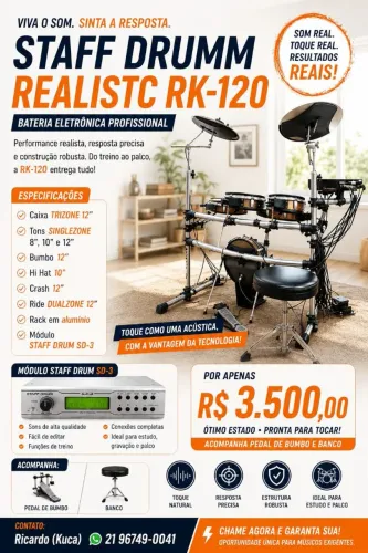 Bateria eletronica StaffDrum Realistc RK-120 completa + módulo StaffDrum SD-3