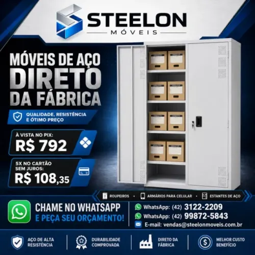 Armário de Aço 2 Portas com 4 prateleiras - Novo Steelon Móveis