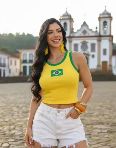 Blusinha Cropped feminino do Brasil jogos copa do mundo modelo Blogueira elegante P M G.