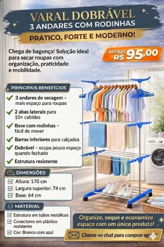VARAL DOBRÁVEL 3 ANDARES COM RODINHAS - PRÁTICO, FORTE E MODERNO