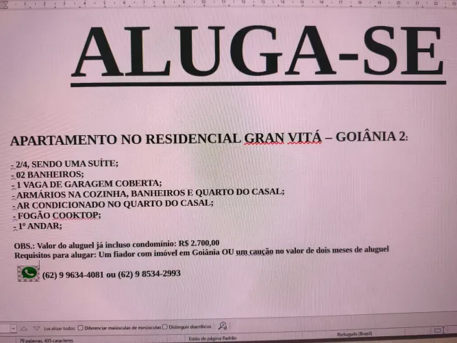 GOIÂNIA 2, ALUGA-SE APARTAMENTO 2/4