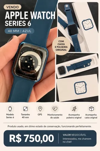 Relógio Apple Watch Série 6, 40mm com caixa e pulseira.