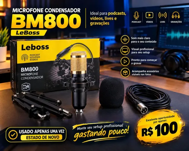 Microfone Condensador LeBoss BM800 Completo Usado Apenas Uma Vez por R$ 100