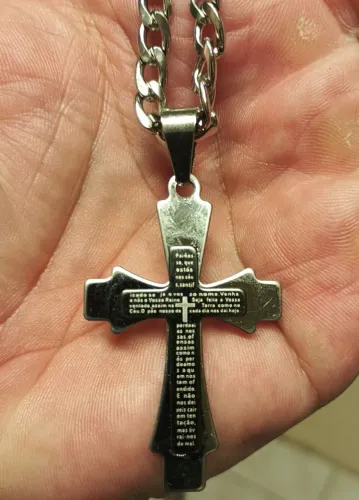 Corrente Masculina Cruz Pai Nosso + Pulseira de Aço Inox