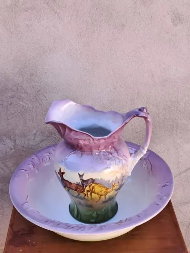 Antigo gomil em Porcelana Alemã Franz Anton Mehlem Bonn - jarra e bacia sec. XIX/XXD