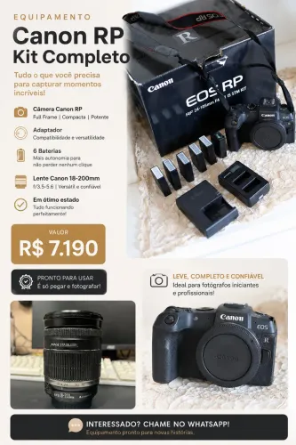 Camera canon rp + lente 18-200 + adaptador + 6 baterias . Pra sair rápido