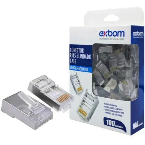 Conector Blindado RJ45 Cat6 Exbom CONT-RJ45C6M100 Gigabit (100 Unidades) - WZetta