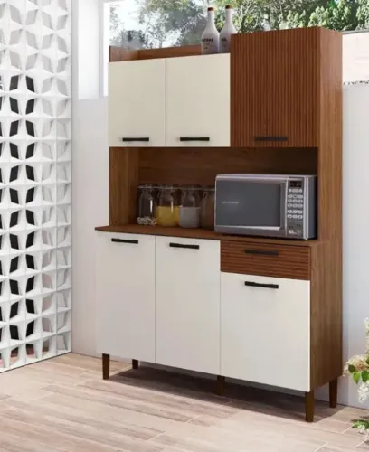Armário de Cozinha Gênova Nogueira/Off White/Ripado