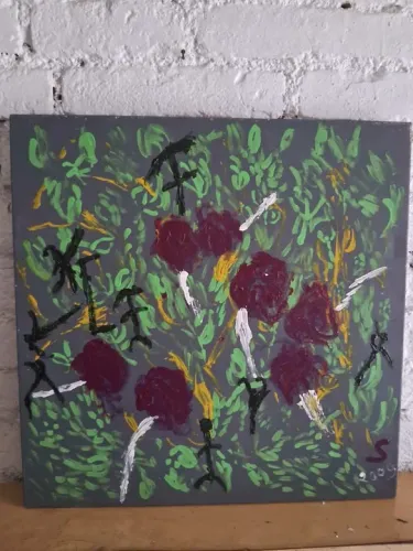 Quadro motivo flores cor bordô na natureza Med. 50x50cm.