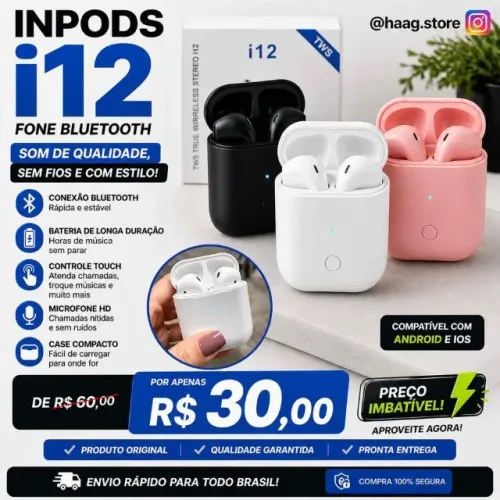 FONE BLUETOOTH i12 ORIGINAL /Som Potente + Sem Fio + Super Promoção