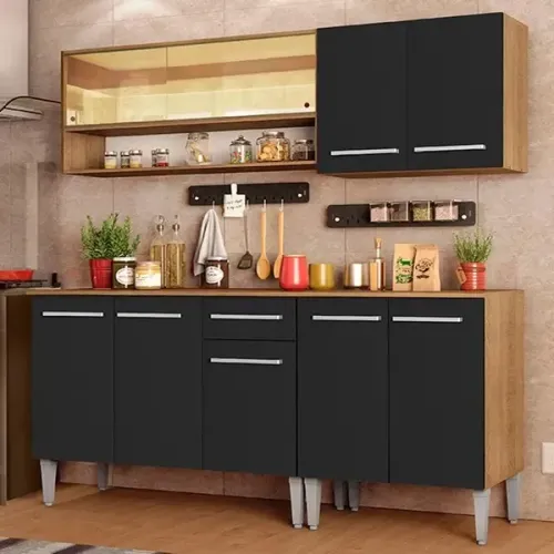 Armário de Cozinha Completa Madesa Emilly Dance com Balcão e Aéreo Vidro Reflex -