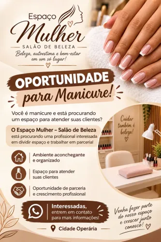Para manicure que tenha interesse em dividir espaço no salão de beleza.