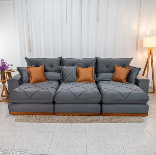 Sofá Retrátil Reclinável Gran Bello 3.20m Veludo Cinza - Molas Ensacadas