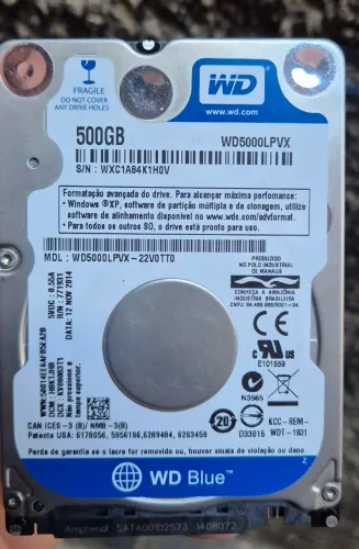 Hd Notebook 500Gb Sata WD Blue<br><br>5400rpm 2,5 WD Blue<br><br>Saude<br><br>100%