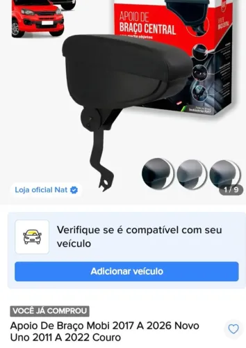 Apoio de braço em couro - Mobi 2017 a 2026 e Fiat Uno 2011 a 2022 