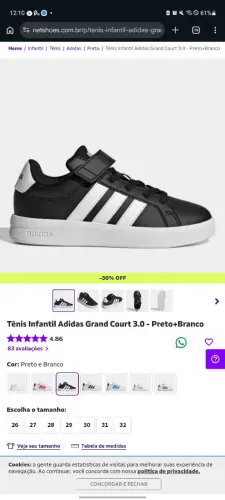 Tênis Infantil Adidas Grand Court 3.0 - Preto+Branco