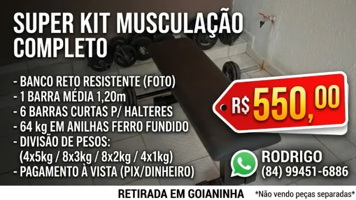Banco, barras e anilhas para musculação.
