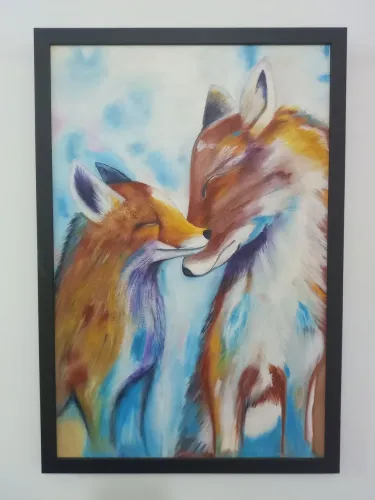 Quadro Tela Raposas 53x63 Pintado à Mão 
