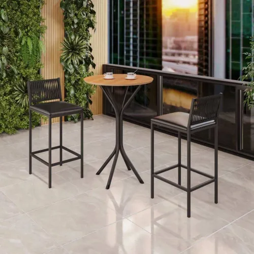 Mesa Bistrô 2 Banquetas Teixeira Nina Tampo Madeira Preto C/ Corda Nautica Preto Fosco <br>