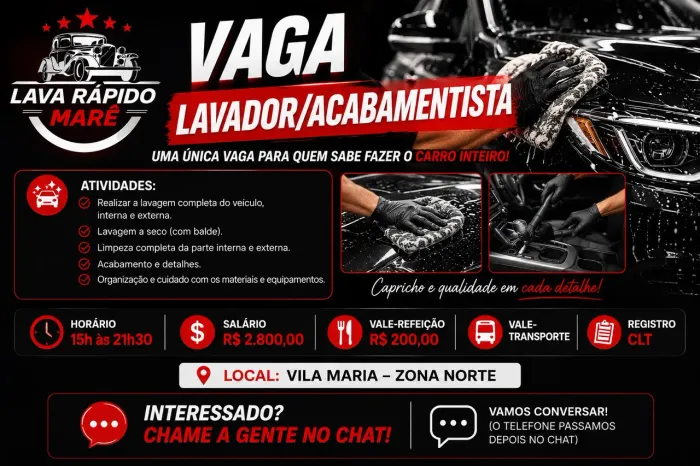 Oportunidade!!! Vaga zona norte - Lava Rápido