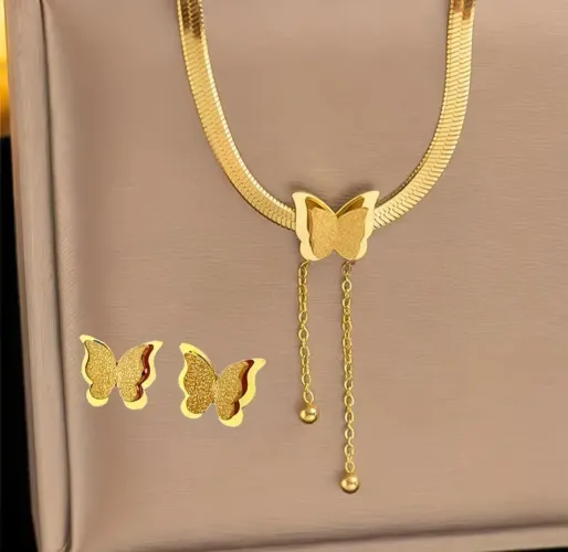 Conjunto feminino dourado de borboleta em Aço Inoxidável