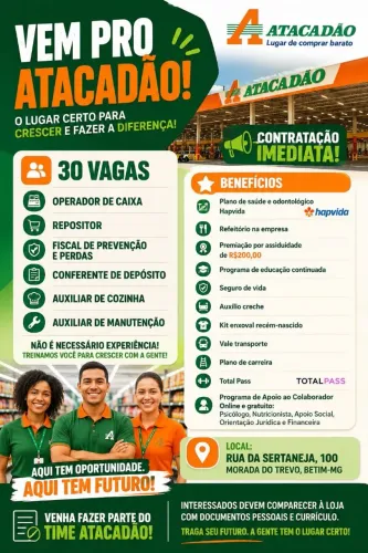 30 vagas, contratação imediata!
