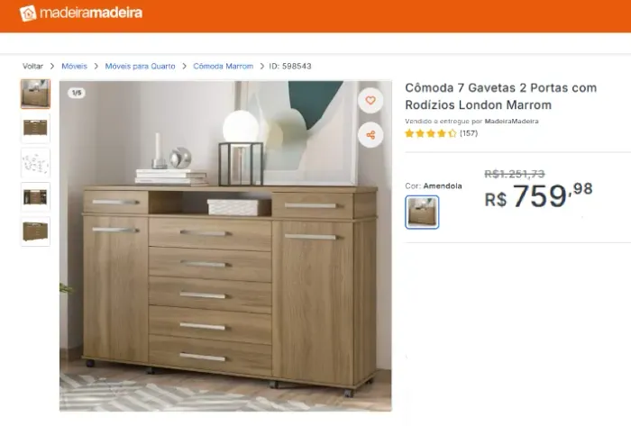 Cômoda 7 Gavetas 2 Portas com Rodízios London Marrom
