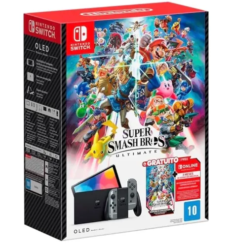 Nintendo Switch OLED Cinza + Smash Bros + Mario Kart 8 + Case Zelda