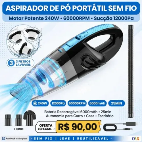 Aspirador de Pó Portátil Sem Fio, Motor Potente 240W, 60000RPM e Sucção 12000Pa, Bateria