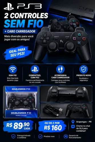 2 Controle PS3 Sem Fio + Cabo Carregador