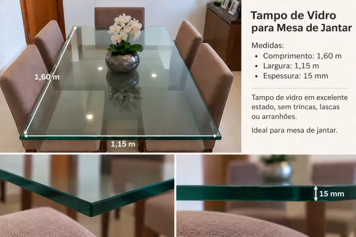 Tampo de Vidro para Mesa de Jantar 1,60 x 1,15 m - 15 mm