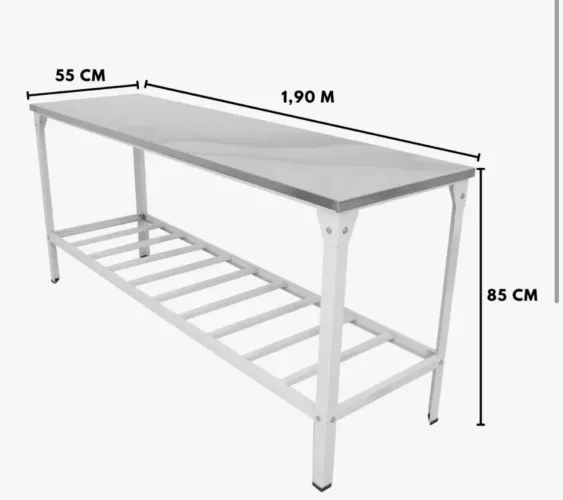 Mesa de serviço industrial em tampo inox com suporte pra prateleira em epóxi