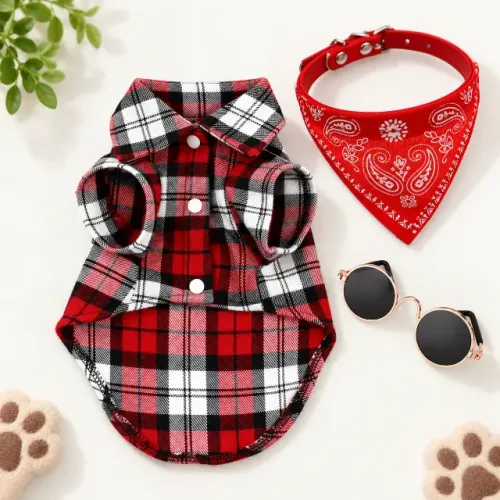Kit Pet Camisa Xadrez + Bandana + Óculos para Cães e Gatos P por R$ 40