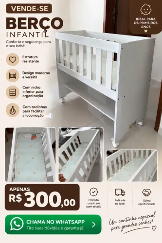 Berço Infantil Branco com Colchão - Usado - R$ 300
