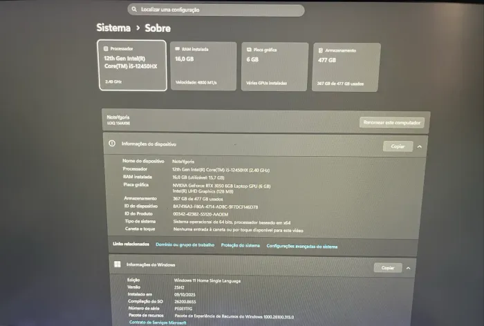 Notebook Lenovo LOQ-e 15iax9e Intel Core i5-12450hx 16gb 512gb Ssd Rtx 3050 Windows 11
