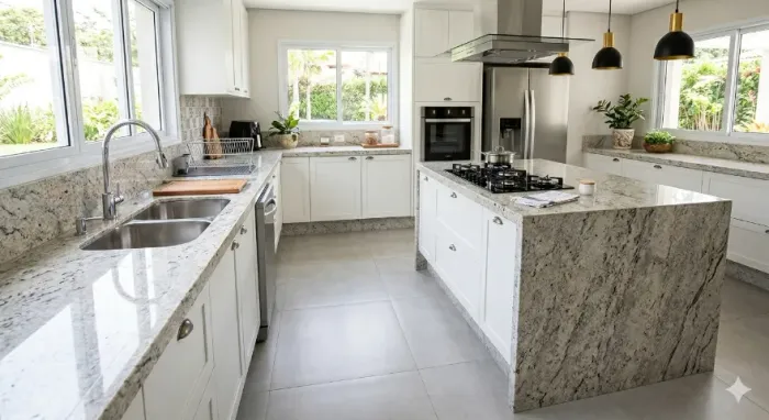 Bancadas de cozinha em granito ou porcelanato