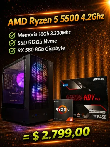 CPU Gamer Ryzen 5 5500 4.2Ghz / Mem 16Gb / SSD 512Gb / RX 580 8Gb (aceito cartão)