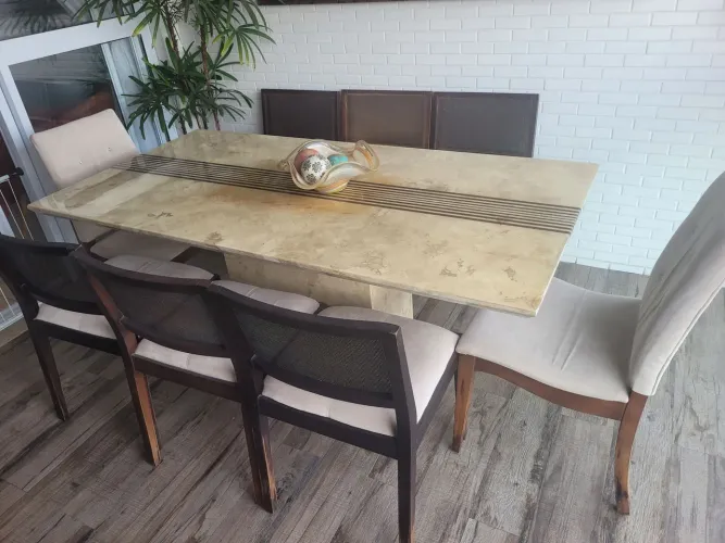 Mesa de jantar completa, marmore travertino