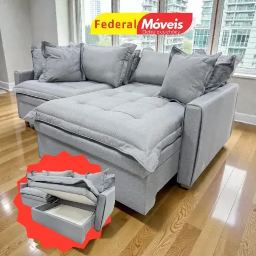 Sofá Cama Baú 2,20m D33 em Linho ENTREGA HOJE
