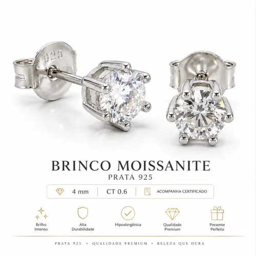 Brinco moissanite 4 mm prata 925 com ródio com certicado e garantia