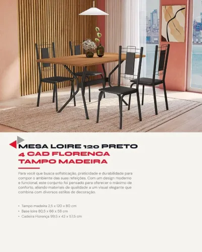 Mesa Loire 1,20 Preto c/ 4 Cadeiras Florença - Tampo de madeira 
