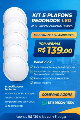 paflon sobrepor redondo LED 24W luminárias LED de Teto 24W Kit 5 - Branco Neutro-