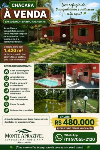 CHÁCARA ENCANTADORA À VENDA EM SUZANO - BAIRRO PALMEIRAS