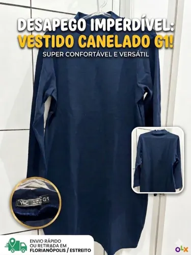 Vestido Curto Manga Longa Canelado Azul-Marinho (Tamanho G1) - Super Confortável
