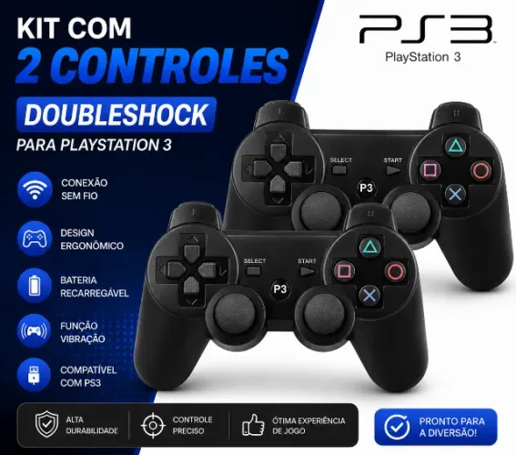 Kit Dois Controles Sem Fio Recarregáveis | Playstation 3 | Novo