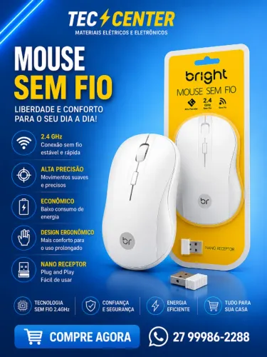 Mouse Sem Fio Bright Branco 2.4GHz com Nano Receptor USB