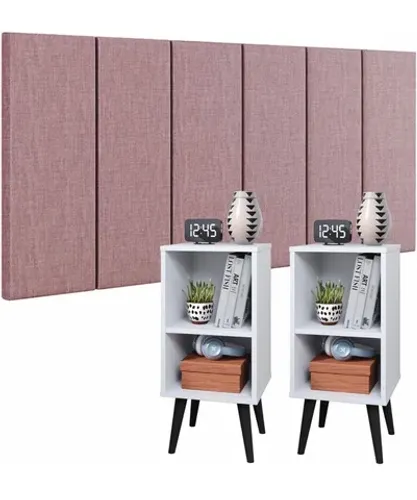 Conjunto Cabeceira Cama Casal 1,40 Com Mesa de cabeceira Quarto Luxo (Rose Linho - Branco)