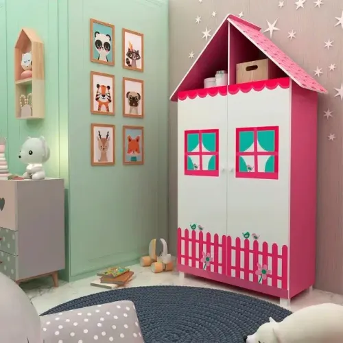 Roupeiro Infantil Casinha Pink Ploc.Branco Acetinado Frete Grátis - Até 12x