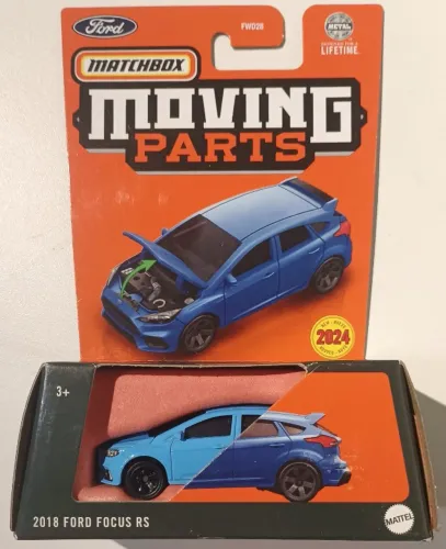 Miniatura Matchbox Ford Focus RS 2018 Azul - Moving Parts - Abre o Capô - HVM82 1:64