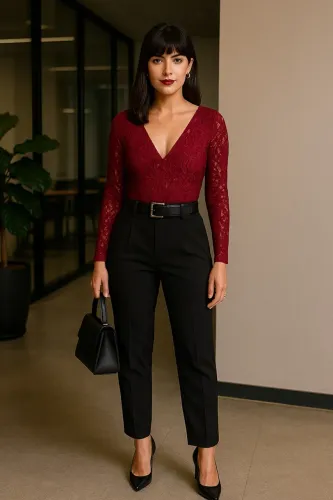 Body de Renda Bordô com Manga Longa - Versátil e Chic pro Inverno